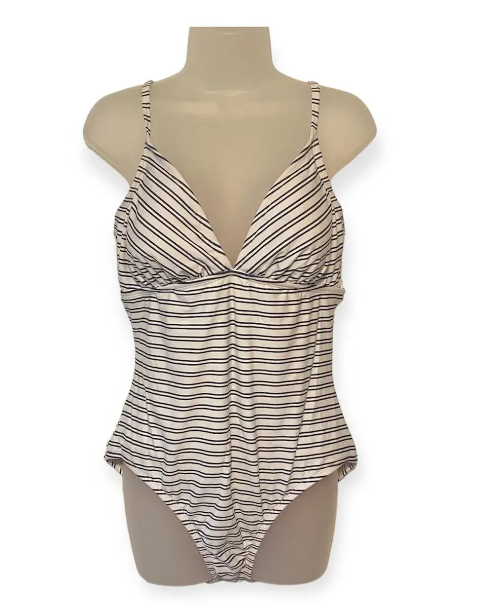 Kona Sol Women’s White Blue Stripe One Piece Swimsuit Size Large